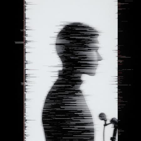 A vertical portrait of a single microphone silhouette featuring glitch art elements, with linear distortion and horizontal scan lines creating digital interference. The background is minimalistic and white, while the figure exhibits horizontal distortion with a scan line interference pattern. The lighting is soft and diffused, enhancing the corrupted data aesthetic with noise texture and horizontal artifacts. The overall effect maintains a raw style with subtle artistic modifications, embracing a chaotic yet intriguing visual experience.