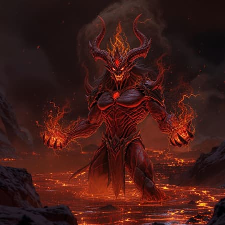 Demonic Deity, Infernal Artwork Demonic deity, infernal crown, blazing magic in hands, striding within lava, masterpiece, supreme quality, CG, wallpaper, HDR, premium quality, incredibly detailed visage, cinematic feel, intricate detail, 8k resolution, raw and unfiltered, high-grade, artstation elite, unreal engine, octane renderer, 4k resolution, hyperrealistic, richly detailed, strikingly sharp, incredibly vivid, exquisite rendering, ultra HD quality, seamlessly integrated, and majestically defined atmosphere.