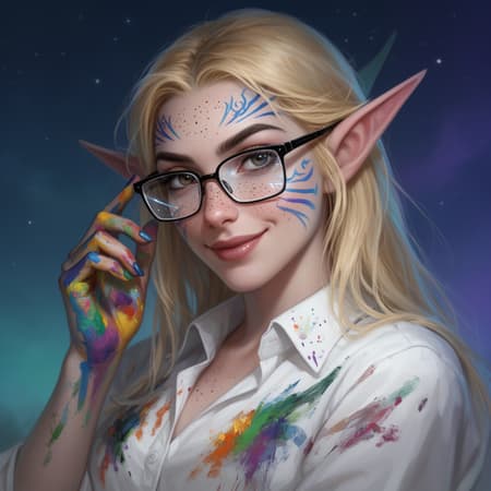 <lora:Sinozick_style-.safetensors:0.4:0.4>, embedding:lazypos, solo, beautiful elf woman, (blonde hair:1.3), (night warrior eyes:1.2), sindorei elegance, kaldorei physique, facial tattoos, very long pointed ears, long eyebrows, detailed eyes, freckles, multi coloured paint on face and hands, white shirt, paint on shirt, glasses, black-framed eyewear, glare on glasses, looking at viewer, come hither, (masterpiece:1.4, best quality:1.4, amazing quality, very aesthetic:1.4, ultra-detailed), dynamic pose, slight smirk, Sinozick_illu, gradient, depth of field