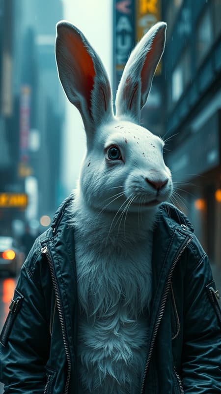 An adult white rabbit stands in a cyberpunk city, in the rain. Hes wearing a cyberpunk style jacket. The rabbit has an augmentation on his right eye and a lot of scars. Kierpunk implants are visible on the rabbit. A masterpiece, maximum detail, cinematography