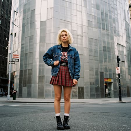 A street style photo of a grunge-inspired woman in 1990s Manhattan, standing confidently in front of an imposing silver skyscraper. She has striking blonde hair fashioned into a classic 90s bob, evoking the style of Carly Norris from the movie "Sliver." The scene is captured in natural lighting, highlighting her vintage denim jacket and plaid skirt combination, while a hint of rebellious attitude is conveyed through her worn combat boots. Shot on Agfa Vista 200, the photograph's vibrant tones emphasize the gritty yet vibrant atmosphere of the era.