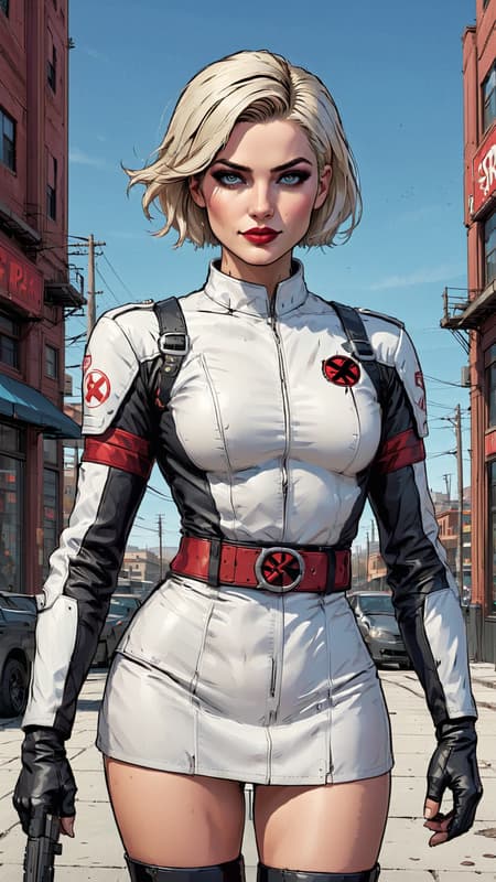 Sci-Fi dystopian world. Supervillain; she is their secret weapon and enemy to humanity, a member of the Neo-Nazi party. Genetically engineered to be a soldier and a telepath, she can read minds, attack minds, mind control, and influence peoples worst behavior, especially hate. She can draw large crowds and whip them into a fervor. She is also a fighter, and carries electrically charged throwing throwing stars shaped like swastikas. They explode when they hit their target. 
Caucasian female of German descent, Nordic good looks. Tall, slim but shapely, athletic, strong, fortitude. Pale blonde hair, pixie hairstyle cut very short on the sides and back, longer on top and flipped over one eye. (((Short hair))) Icy blue eyes with long lashes, intense stare looking into your mind. High cheekbones and full lips, very modelesque, dark red lipstick. She hardly ever smiles--- when she does, it's for all the wrong reasons. Her uniform is a white long sleeved spandex shirt with red stripes down the outside sleeves sides of the torso. There is a big red swastika on the front of the shirt-- she displays it proudly, unashamed. Black leather bracers on her arms, black shoulder pads, and black leather belt that meets in a V-shape at her waist. A form-fitting mid-thigh white skirt with red stripes down the sides. Sheer white leggings on shapely legs, and knee-high shiny black leather boots, high heeled but sturdy. She usually wears a shiny gold swastika pin somewhere on her person...she is unashamed. Full body pose, sending out brain waves to all that will hear..... 
