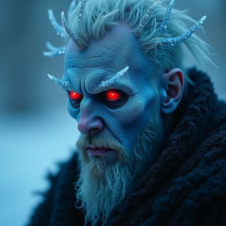 A symmetric portrait of a male, evil frozen necromancer, features dissolving into frozen magic thin, luminescent blue lines. Weighted Voronoi stippling and laser caustics create a network, transitioning from hyperrealistic detail to abstract, quantum-inspired forms. Ethereal hues blend, evoking existential transition and mystery. Close-up on face, evil skull partially visible. Set against a twilight arctic backdrop, icy winds ripple through his tattered robes. Rendered in a fusion of photorealism and digital surrealism, the scene is illuminated by ghostly Northern Lights. Emphasis on cold, menacing atmosphere, invoking Nordic myths
