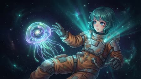 Astronaut Girl Touching Cosmic Jellyfish In Space Anime style artwork, a young female astronaut with blue eyes and short, wavy teal hair, wearing a rusty and worn spacesuit, looking with wonder at a glowing, translucent, bioluminescent jellyfish-like creature with an eye-like center containing a swirling galaxy, her hand gently touching it. Dark background with subtle glowing particles. Teal and cyan dominant colors, ethereal and mysterious atmosphere, highly detailed, dramatic lighting, volumetric lighting, cosmic, otherworldly, vibrant.
