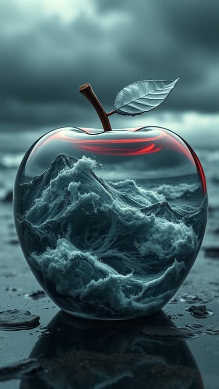 A cinematic double exposure image featuring a stormy sea as the backdrop, seamlessly integrated into a glossy glass apple. The sea's intricate waves and tumultuous energy are subtly reflected within the contours of the glass apple, which appears lifeless and decadent. The piece showcases earthy tones, emphasizing the apple's intricate design and hyper-realistic texture. Captured in high definition with remarkable detail, the composition is a dark softbox image with raytracing effects for depth, resulting in a photorealistic portrayal of the storm's essence encapsulated within the glass form.