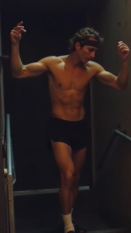 I had a dream...
There's this really hot guy that goes jogging at night. He's young and masculine, and wears a pair of black mesh translucent running shorts, split on the sides with a 3 inch inseam. He's very fit and always goes shirtless. When he gets back from his run, he goes to the fire escape by his apartment and just stands out there, the neon signs in the city reflecting off his sweaty body, the air cooling him off. A couple times he caught me looking at him-- he says nothing, but smiles back and stretches so that I can see more of his body, arms up and armpits damp with sweat, perspiration running down his face and chest, the strength of his long sinewy legs, the bulge in his groin, his shorts barely containing his flaccid girth. His bright blue eyes looking back at me. I know that one night soon I'm going to join him on that fire escape and examine him more closely...
{{{ Caucasian masculine male, light brown hair wavy fade hairstyle, short on sides and back, longer on top. Black bandana tied around his forehead, strong brow and jaw, sparkly blue eyes. Muscular sinewy body, wide back, broad chest, wide shoulders, narrow waist, gymnast build , strong powerful legs. Sheer black mesh running shorts, very brief and somewhat revealing. Black running shoes, short white socks. Profusely sweaty body, neon lights reflecting off his skin. Slightly hairy legs and arms, a little hair on his chest. Full body pose, stretching and flexing on fire escape, arms up and sweat running down his armpits.}}} {{{MASTERPIECE}}}
I had a dream...
There's this really hot guy that goes jogging at night. He's young and masculine, and wears a pair of black mesh translucent running shorts, split on the sides with a 3 inch inseam. He's very fit and always goes shirtless. When he gets back from his run, he goes to the fire escape by his apartment and just stands out there, the neon signs in the city reflecting off his sweaty body, the air cooling him off. A couple times he caught me looking at him-- he says nothing, but smiles back and stretches so that I can see more of his body, arms up and armpits damp with sweat, perspiration running down his face and chest, the strength of his long sinewy legs, the bulge in his groin, his shorts barely containing his flaccid girth. His bright blue eyes looking back at me. I know that one night soon I'm going to join him on that fire escape and examine him more closely...
{{{ Caucasian masculine male, light brown hair wavy fade hairstyle, short on sides and back, longer on top. Black bandana tied around his forehead, strong brow and jaw, sparkly blue eyes. Muscular sinewy body, wide back, broad chest, wide shoulders, narrow waist, gymnast build , strong powerful legs. Sheer black mesh running shorts, very brief and somewhat revealing. Black running shoes, short white socks. Profusely sweaty body, neon lights reflecting off his skin. Slightly hairy legs and arms, a little hair on his chest. Full body pose, stretching and flexing on fire escape, arms up and sweat running down his armpits.}}} {{{MASTERPIECE}}}