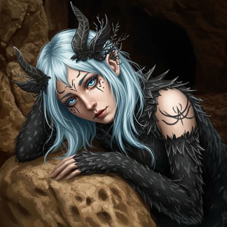 A young woman portrayed as a Greek priestess with streaks in her two-tone hair that resemble plant textures, evoking a sense of cold mystique. She is situated at the historic site of human evolution, the Nahal Me’arot / Wadi el-Mughara Caves at Mount Carmel. Her appearance merges Cyber Fairy Grunge elements with an elaborate black-themed animal costume. Lying down and sitting on a lap, she possesses ice blue eyes with a gradient effect and an iridescent quality. The illustration is highly detailed, in the style of an oil painting, capturing a unique portrait with an imaginative twist. The emphasis is on the harmonious blend of these elements, showcasing her otherworldly aesthetic without deformities or unrealistic proportions, maintaining a focus on artistic elegance and intriguing color contrasts.