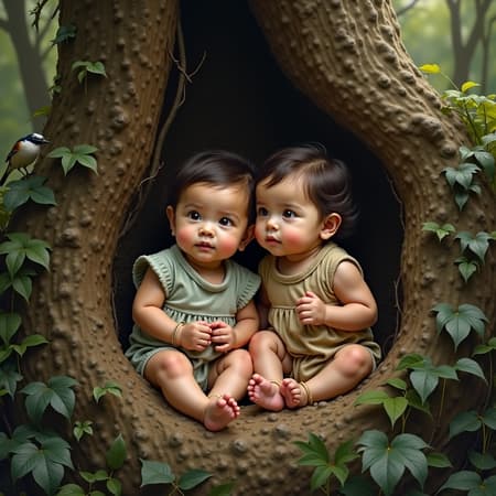 Two infants nestled within the natural recesses of ancient trees, their surroundings teeming with avian life, depicted in the style of hyperrealistic wildlife portraits. Imagine a fusion of Stephen Shortridge's vivid imagery, Lilia Alvarado's emotive storytelling, and Bob Eggleton's detailed fantasy elements. This scene is a study of nature, capturing the serene beauty of woodland life with intricate detail. The bark of the trees and the soft plumage of nearby birds are brought to life with stunning realism, while the babies' expressions convey a sense of wonder and innocence. The artwork celebrates the raw essence of wildlife and the interconnectedness of all living things within the forest's embrace.