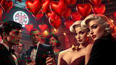 Romantic Valentine's Day soirée in a 1920s jazz club, featuring iconic figures like James Dean, Audrey Hepburn, Humphrey Bogart, and Marilyn Monroe. The scene is set with heart-shaped balloons gracing the ceiling, bathed in dramatic, volumetric lighting. This digital masterpiece boasts a background blur to enhance focus on the characters, who exhibit symmetrical, exquisitely detailed faces. The artwork is influenced by a majestic oil painting style, taking inspiration from the likes of Ed Binkley and Atey Ghailan, blended with the enchanting touch of Studio Ghibli. The painting captures the essence of a bygone era with a modern twist, trending on ArtStation and CGSociety. Intricate, sharp focus with intense detail, the scene is a photorealistic portrayal by midjourney and Greg Rutkowski, evoking a sense of drama and passion.