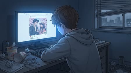 Lonely Man Views Couple's Instagram Post Anime style illustration of a young man with messy brown hair, viewed from behind, sitting at a cluttered desk in a dark room. He is wearing a grey hoodie and looking intently at a glowing computer monitor. The monitor displays an Instagram post of a happy couple, with the date "FEB 14" visible. The room is dimly lit, with the only significant light source being the computer screen, casting a blue glow on the man's face and the immediate desk area. Empty instant ramen cups and tangled wires are scattered across the desk and floor. The overall mood is melancholic and solitary. Dark blue and grey color palette, with subtle hints of warmer tones from the screen image. Detailed line art with soft shading.