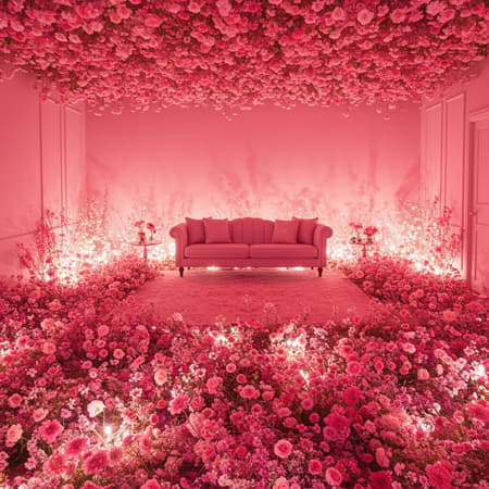 Generated Room Filled A luminous room filled with enchanting hues, where a plush couch sits atop a lush rug, casting an ethereal glow in the whimsical pink space. The walls are a serene shade of pink, creating a zen-like atmosphere with an air of dreamy intrigue. The space radiates a fantastical charm with its vibrantly gaudy colors, forming a magic-infused environment. A floral wonderland stretches across the floor, with delicate blossoms woven into a captivating, aesthetic tapestry. The entire setting exudes a beautiful, dreamlike design, blending a sense of drama with serene beauty in an enchanting, floral sanctuary.