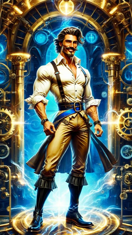 Victorian steampunk. A man is a creator of high-end toys and gadgets. His greatest creations are a time machine, and a life+sized marionette that becomes a real woman and then his wife. They travel the world and time together on all kinds of adventures. He is tall, handsome, masculine, slim but muscular, sinewy. Caucasian male of English descent. Short wavy dark brown hair, side parted and combed back. Strong brow and jaw, light brown eyes. Sideburns and handlebar mustache. He He wears a white shirt with the sleeves rolled up, and dark grey trousers with a black belt and black shoes. The first few buttons on his shirt are unbuttoned, he's always working on something. Always a smile on his face, happy with his wife and to be working steadily, usually a tool in his hands watching gears turning. His wife is a feminine Victorian woman with medium length curly dark brown hair and cornflower blue eyes. Lovely sweet pretty face, moderate make-up. She is usually in a frilly white dress with a bustle, white gloves and black shoes, a wide brimmed hat with flowers on top of the brim. She assist him with anything he needs, but she is no wallflower. She is smart, intelligent, and spirited for a woman of her time.

