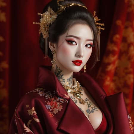 Elegant Japanese woman adorned in luxurious high-end fashion featuring a sophisticated coat and exquisite gold jewelry, showcasing an intricately detailed tattoo. Embodying richness and sophistication, the scene is captured in stunning hyperrealism with photorealistic detail, rendered in 8k with the finesse of an unreal engine. The composition is artistically expressive, with a cinematic aspect ratio of 9:16, portraying an opulent and refined atmosphere, and employing style elements to enhance its expressive nature.