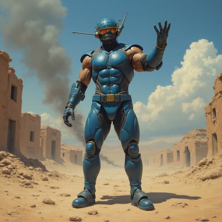 A powerful, muscular man clad in sleek blue body armor and futuristic goggles stands confidently on the barren desert ground, his toned physique striking against the backdrop of an abandoned village, smoke swirling ominously in the air. His raised hand gestures as if to both command and survey the scene. A futuristic, robotic headpiece crowns him, adding an otherworldly presence to his form. This scene is painted in a fusion of styles, reminiscent of the dramatic and dynamic intensity of Boris Vallejo and Frank Frazetta, merged with the realistic and detailed artwork akin to Alex Ross. The intriguing mix of classical and futuristic elements creates a striking full-figure portrait, capturing a moment of tension and mystery in this hauntingly deserted landscape.