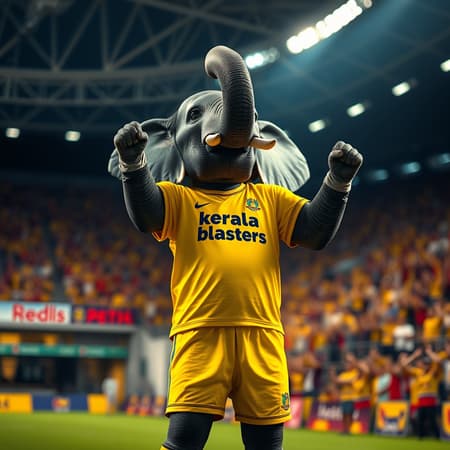 an elephant standing in the football stadium and cheering with its trunk and the front legs are raised, the elephant wearing a t- shirt and shorts of football jersy, the jersy colour is yellow and it is the word "kerala blasters" written in the  football jersy, football fans are cheering in the background in the gallary, the picture has great bokeh effect with higly detailed of the gallary, in the style of gehry and gaudi, macro lens, highly detailed, shallow depth of fielf, digital painting, trending artstation, concept art, illustration, cinematic lighting, vibrant colors, photorealism, epic, octane render, 8 k resolution pic