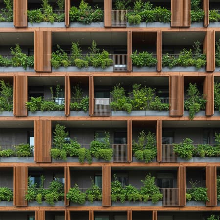 A modern Italian building with vertical wood panels adorning the balconies, forming intricate geometric patterns. These panels are not just decorative but are designed to support lush, vertical gardens, creating green walls that seamlessly blend nature with architecture. The vibrant greenery interspersed with the warm tones of the wood adds a dynamic and sustainable element to the building, symbolizing a harmonious future where urban design embraces ecological principles. The vertical gardens provide a sense of privacy and tranquility, enhancing the living spaces with their natural beauty and fresh air. The building's blend of contemporary design with natural elements captures an innovative vision of future-focused architecture.