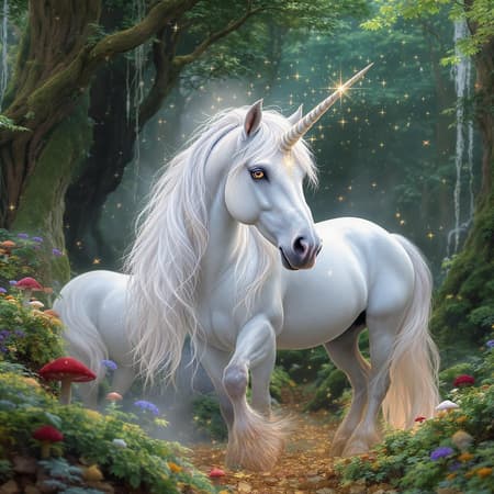 A majestic unicorn standing proudly in a vibrant, enchanted forest, with a delicate crown of sparkling stars adorning its head.
