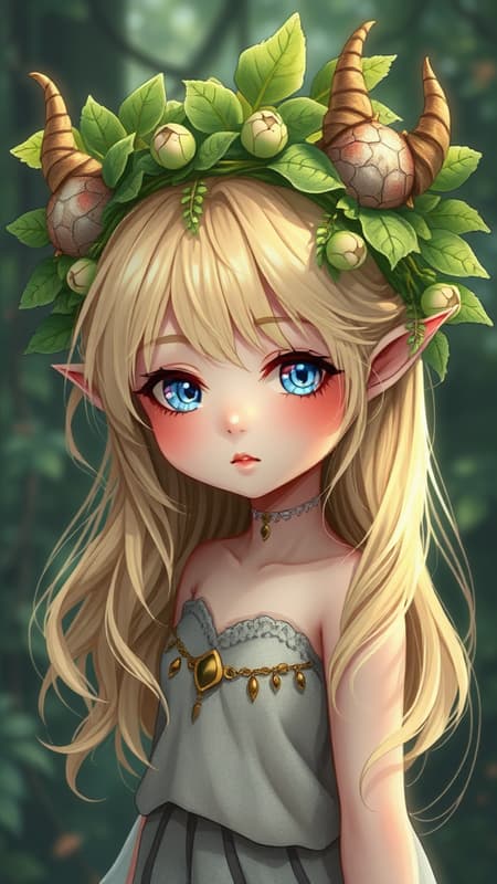 A whimsical fantasy character featuring an enchanting blonde-haired girl adorned with delicate horns and intricately woven green leaves forming a crown upon her head, crafted in a richly detailed digital anime art style. Her appearance is inspired by the ethereal aesthetics of artists like Loish and WLOP, combined with the enchanting qualities of Guweiz's creations. This adorable digital painting captures an elf girl with a captivating aura, presented in a hyper-detailed fantasy setting reminiscent of the best artistic expressions on Artstation. The imagery is brought to life in an anime-styled, almost 3D-like illustration, showcasing both the youthful charm and mystical elegance of this imaginative character.