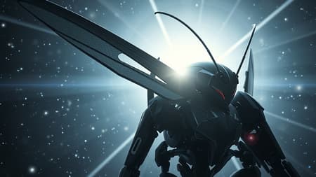 Portrait close-up, ultra-epic, sleek futuristic mech, slender three-quarter profile, high-gloss black with intricate details, insectoid-inspired Sci-fi design, articulated insect-like wings, in the style of Tsutomu Nihei and Akira, contrasted by bright quasar light in deep space, dynamic and dramatic backdrop, three-dimensional anime and manga aesthetics, bathed in cosmic starlight, swirling galaxies, streaks of plasma, captured in 8k UHD with hyper-realistic precision, as if shot with a digital Hasselblad H4D 200MS and Mitakon Speedmaster 65mm f/1 lens, maintaining a 1:2 aspect ratio.