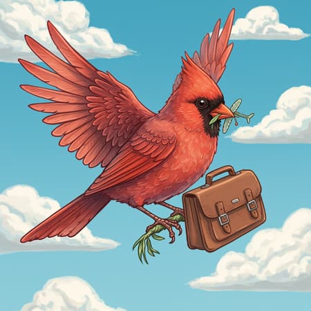 A logo for a travel website featuring a cardinal-red bird with delicate ivory wings, clasping a vintage travel satchel in its beak, set against a serene azure sky dotted with fluffy white clouds. The artwork embodies an intricate, storybook quality reminiscent of Beatrix Potter's style, exuding a charming cottage-core aesthetic. Rendered in exquisite 8K detail from a 45-degree angle, the scene captures an enchanting blend of whimsy and wanderlust, creating a captivating visual emblem.