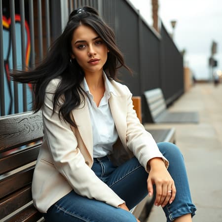 FlorencePugh3 Half-Up Half-Down: Showcase your flowing black hair with this stylish and versatile look, perfect for school or social events. Gather the top half of your hair and secure it with a chic hair tie or clip, letting the rest of your hair cascade freely. The Sitting/Leaning Pose: Capture an effortless vibe by finding a visually appealing spot like a bench, staircase, or wall to sit or lean against. Relax into the pose, cross your legs, or lean casually as the camera captures your natural charm. Casual-Chic: Blend comfort with sophistication by wearing high-quality basics such as well-fitted jeans, a white button-down shirt, and a tailored blazer. Elevate the look with statement accessories or trendy sneakers for a stylish yet relaxed outfit perfect for everyday wear. Venice Beach: Experience the vibrant atmosphere of Venice Beach with unique photo opportunities. Pose against the colorful graffiti walls on the Venice Boardwalk, the charming palm trees, or capture moments on the sandy beach with the ocean breeze. Ultra high-resolution imagery, photographed with a Canon EOS R6, 135mm, 1/1250s, f/2.8, ISO 400. Highlight natural charm with elements like men with curly afro hair and bangs, relaxed and smiling, against a backdrop that complements the lively Venice Beach scene.