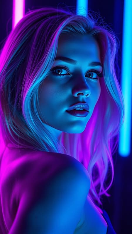 digital art fashion editorial close-up portrait of a stunning blond woman in a studio with double exposure effect and vibrant blue and purple neon lights, ultra-high-resolution, lifelike photography, cinematic perspective, dynamic backlighting creating a dramatic silhouette digital art fashion editorial close-up portrait of a stunning blond woman in a studio with double exposure effect and vibrant blue and purple neon lights, ultra-high-resolution, lifelike photography, cinematic perspective, dynamic backlighting creating a dramatic silhouette