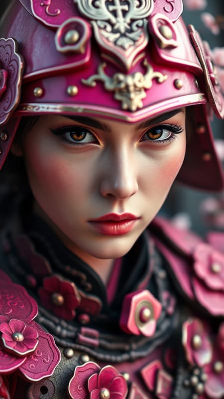 3d render of a woman in vibrant pink samurai armor, intricately detailed with floral motifs, close-up shot capturing her fierce expression, texture of the metal shown in raw style, hints of cherry blossoms in the background, dramatic lighting accentuating the armor's shine, the narrow depth of field creates an intense focus on her determined eyes.