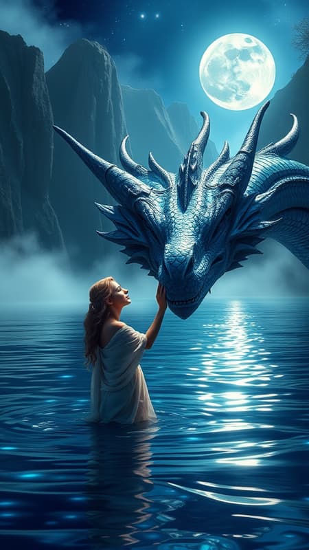 A mystical scene unfolds as a woman clad in flowing garments stands waist-deep in the shimmering blue water, her hand gently resting on the majestic snout of a dragon whose iridescent scales glisten under the moonlight. The dragon's mighty wings are half-spread, casting elegant reflections on the water's surface, its wise eyes exuding both power and tranquility. She gazes intently at the creature, her expression a mix of reverence and kinship. In the background, towering cliffs are veiled in mist, dappled moonlight filtering through the foliage, creating a tapestry of shadows and highlights. Stars twinkle in the night sky above, capturing the ethereal beauty characteristic of fantasy realms. The scene evokes a sense of enchanted serenity, as if time itself has woven an intricate spellbinding bond between the woman and her mythical companion. The style combines realistic detail with vibrant, fantastical elements reminiscent of Theo Prins, Magewave, Ferrania P30, Evgeni Gordiets, and Kuang Hong.