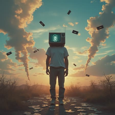 A dreamlike landscape unfolds with a man standing at its center, his existence defying logic as his head is replaced entirely by a vintage television. Within the glow of the TV screen, his own head appears, blinking and animated, repeating its appearance infinitely like a mirror in a mirror. The sky swirls with impossible colors, and floating cassette tapes hover around him, emitting faint whispers of his voice. The ground is fragmented, pieces of reality shifting like puzzle pieces, while shadows of forgotten memories play across them, adding layers of mystery to this otherworldly scene.