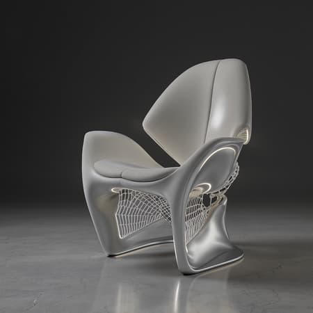 Futuristic chair inspired by a skull design, blending the minimalist functionality of Dieter Rams with the organic architectural lines of Frank Lloyd Wright, the playful innovation of Achille Castiglioni, and the sleek, visionary aesthetics of Syd Mead. The chair has a polished titanium finish, with ergonomic contours for comfort, and subtle LED accents for a modern touch. Its structure combines lightweight carbon fiber supports, mimicking the strength and complexity of a skull's anatomy while maintaining an airy, open form. The color palette is neutral, with hints of metallic and matte textures, ensuring the piece stands out as a conversation starter in any contemporary setting.