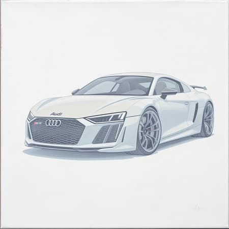 Audi RS8 concept minimalist white background traditional oil painting simplistic cartoon larme kei style simple line work gray elements enhanced soft pastel tones subtle expression smooth curves elegant contours understated elegance delicate shading.