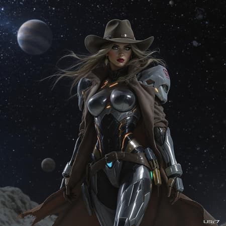 Space Cowgirl Strides Art A confident and adventurous Space Cowgirl strides through the cosmos, her presence a striking fusion of past and future. She wears a weathered long coat that defies the void, its edges fluttering dramatically in weightlessness. Atop her head sits a wide-brimmed hat with a storied history, tilted just enough to shade her keen, penetrating eyes. Her sleek gundam armor glistens with modern sophistication, adorned with glowing accents that pulse rhythmically. Underneath, a form-fitting bodysuit complements the ensemble, seamlessly blending the rugged with the ultramodern.