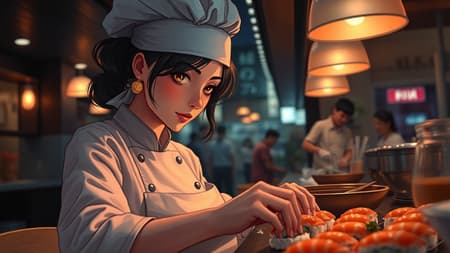 Portrait of a female chef diligently preparing sushi in a bustling restaurant at night, inspired by the artistic style of Lois van Baarle, with an anime influence. The setting is intimate and atmospheric, capturing her focused expression and skillful hands crafting sushi with precision. The scene exudes warmth and dedication, with soft lighting highlighting her work. Her eyes are bright and expressive, reflecting her passion for culinary art. The restaurant ambiance is cozy, with subtle background details enhancing the vibrant yet calm atmosphere.