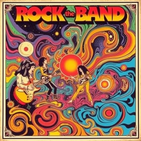 A vibrant 1970s rock band album cover art featuring psychedelic imagery, swirling patterns with bold, contrasting colors, evoking a sense of vintage nostalgia and dynamic energy, capturing the essence of the era with an imaginative twist.