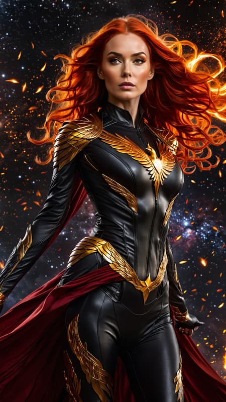 Phoenix/Jean Grey in her Phoenix costume, but it's dark black with metallic gold, a golden fiery falcon symbol on the front of her costume,  the sash around her waist blowing in the cosmic winds. She is surrounded by her fiery Phoenix raptor/falcon aura, she is within the firebird . Her eyes are lit up like stars. Her hair is beautiful red flames, flaring out. Full body pose. She is in space, on the edge of a galaxy. 