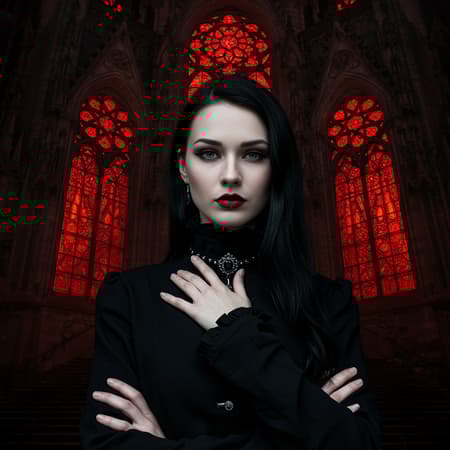 Gothic girl dressed in elegant black attire with a flawless face, macro headshot set against the backdrop of an imposing gothic cathedral; the cathedral's windows aglow with red fiery reflections, adorned with delicate mandala-like intricate ornaments. Captured in stunning 8k UHD HDR quality, the image showcases a hauntingly beautiful scene, modeled by Dark Sushi 2.5D. There are subtle creative elements like whispers of a breeze ruffling her hair, a mysterious allure in her eyes, and a hint of intricate lace on her sleeves, enhancing the ethereal atmosphere.