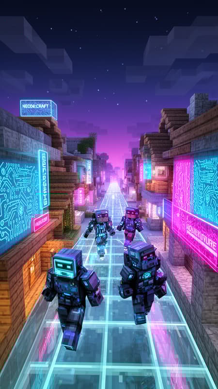 Minecraft scene, cyberpunk village, blocky characters in futuristic armor with glowing visors walking on a transparent glass path, surrounded by buildings with neon blue and pink lights, circuit board patterns on walls. Wooden and stone block structures integrated with glowing technological elements. Dark blue to purple gradient sky with scattered blocky clouds and tiny star-like pixels. Dynamic, high angle perspective looking down a street. Neon signs with text like "NEON_CRAFT", "CYBER_VILLAGE", "BLOCKY_FUTURE". Bright, ethereal lighting from the neon elements, casting a vibrant, futuristic glow. Pixel art style, 3D rendering.
