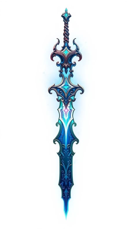 A breathtaking enchanted sword, digital fantasy asset, featuring exquisite iridescent detailing and a mesmerizing blue glow, rendered in an elaborately detailed fantasy illustration style with beautiful, high-sample lighting, isolated on a white background, designed to captivate like a trending masterpiece on platforms like ArtStation and nfixer.