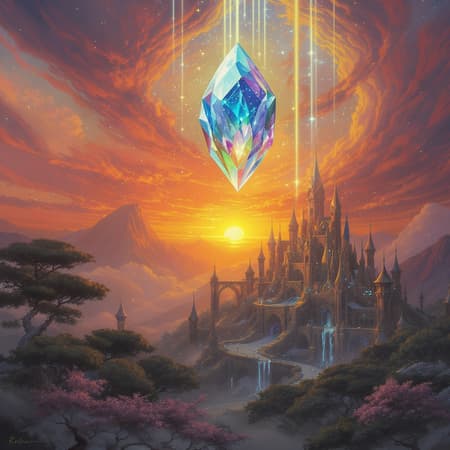 A digital painting of a vibrant sunset casting a golden hue over a fantastical city nestled among towering trees, the city features intricately carved wooden structures with a blend of fantasy and medieval architecture. Above, an enormous enchanted crystal floats, emitting radiant beams that light up both the city and the dense forest below. The scene is imbued with a warm and magical color palette, capturing the enchanting harmony between nature and mystical elements.