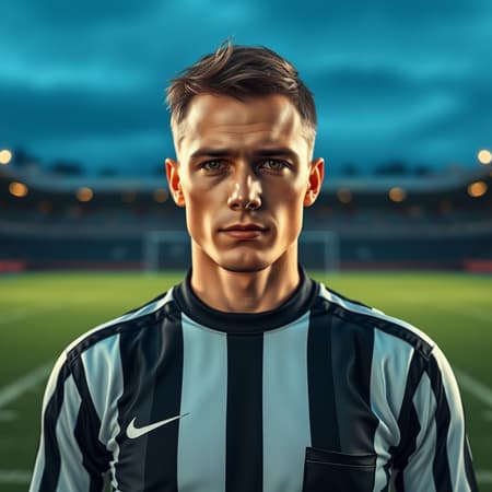 A stunning person dressed as a football referee stands on a football field, perfectly centered and looking directly at the camera. The portrait showcases photorealism with detailed skin textures, capturing an 8k resolution with a full-length frame. The photography focuses on a realistic depiction with high detail and RAW color art, enhanced by diffused soft lighting and a shallow depth of field for sharp focus. The hyperrealistic portrayal benefits from cinematic CGI lighting, achieving a visual impact that emphasizes natural proportions and forms. Despite the attention to detail, it carefully excludes any errors or artifacts, ensuring a seamless image without low quality, deformations, or any signs of digital inaccuracies. A stunning person dressed as a football referee stands on a football field, perfectly centered and looking directly at the camera. The portrait showcases photorealism with detailed skin textures, capturing an 8k resolution with a full-length frame. The photography focuses on a realistic depiction with high detail and RAW color art, enhanced by diffused soft lighting and a shallow depth of field for sharp focus. The hyperrealistic portrayal benefits from cinematic CGI lighting, achieving a visual impact that emphasizes natural proportions and forms. Despite the attention to detail, it carefully excludes any errors or artifacts, ensuring a seamless image without low quality, deformations, or any signs of digital inaccuracies.