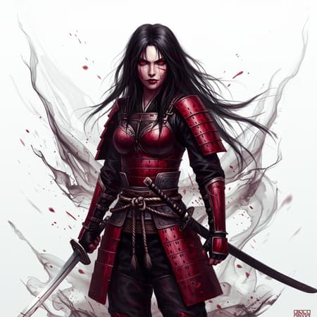 A lone female warrior with flowing black hair, dressed in intricately designed red armor, stands against a white background. Her black eyes meet the viewer's gaze with intensity, as strands of her hair seem to float around her in defiance of gravity. She wears arm guards and tabi, enhancing her powerful, battle-ready stance. There's a hint of blood on her face, suggesting a recent skirmish. The scene is enriched with fractal art elements creating an abstract, ink wash effect that complements the ultra-realistic quality of her depiction. The background swirls with a dynamic abstraction, adding depth and movement to the piece, while maintaining the essence of a high-quality 32k resolution fantasy artwork.