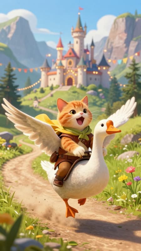 A joyful anthropomorphic ginger cat in adventurer gear, with an excited expression and open mouth, riding a flying goose along a winding dirt road in a fantastical mountain valley. The cat wears a brown leather vest, a light green scarf, and a flowing yellow cloak. The goose is in mid-flight, kicking up dust. In the background, a whimsical, colorful castle adorned with festive string lights and banners sits between the mountains. The art style is a vibrant, detailed digital painting, evoking a sense of adventure and fantasy. Bright, natural lighting with a warm glow on the cat's fur and the goose's wings. The mood is exhilarating and cheerful. Rich colors with greens, browns, blues, and bright accents from the castle lights and banners. The atmosphere is magical and adventurous, with small wildflowers along the roadside.