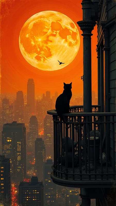 Black Cat On Balcony Watches Orange Moon The photograph is colored in orange, black and yellow, in the style of complex compositions, dark white and light red, circular abstraction, industrial materials, balanced proportions, hard edge painting. The cat on the balcony watches the moon, nightlife city lights.