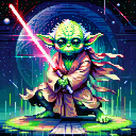 Masterpiece, best quality, pixel art of yoda, good illustration, with saber sword, dynamic pose, galatic background,