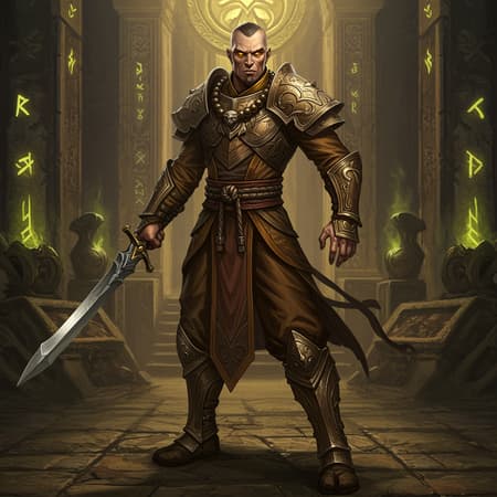 Photography Standing Photography of Kharazim from Diablo, standing in a realistic, full-length pose with a focused expression. Key light highlights his face and detailed monk attire, emphasizing a combat-ready stance. The environment exudes the game's mystical and spiritual atmosphere, featuring ancient temples, sacred artifacts, and glowing runes. Captured in a medium-wide shot, the scene evokes elements of anime and CGI art styles, blending fat brush strokes of a painting with the sleek detail of a video game character, all harmoniously integrated within this vivid portrayal.