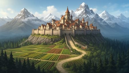 A professional, stylish illustration of a walled fantasy town sitting on a mountain plateau surrounded by farmland and forest below. In the background there are tall mountain peaks capped by snow. A winding path leads through the farmland and up a large stone ramp to the village. The village houses are made of plastered walls with high peaked tiled roofs.