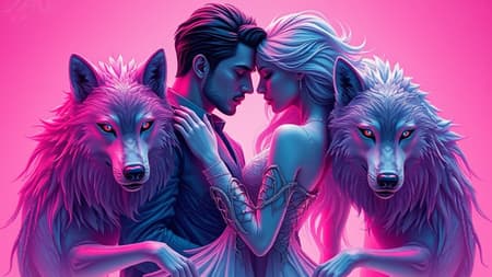 A vibrant illustration of a couple entwined with two ethereal wolves, blending futuristic cyberpunk elements with baroque-inspired sculptural design, reminiscent of Peter Mohrbacher's visionary artistry and the imaginative depth of Android Jones. The scene is cast in a luminous pink and azure palette, each figure intricately detailed and composed in a dynamic, close-up arrangement. Utilizing elements of Daz3D styling, the figures exude an otherworldly aura, merging organic grace with mechanical precision. The wolves, with shimmering fur and glowing cybernetic eyes, circle protectively around the couple, who embody a perfect union of humanity and technology, emanating an air of serene strength and poetic mystery.