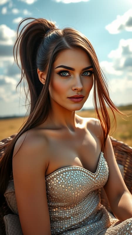 Vibrant HDR image of a stunning woman with long, rich dark-brunette hair and striking light-blue eyes, her fair complexion glowing under the soft sunlight. Her full lips add to her captivating presence as her hair is elegantly pulled back into a sleek ponytail. She is dressed in a sleeveless gown adorned with shimmering sequins, exuding elegance as she sits gracefully in a wicker chair, casually leaning to one side. The setting is a serene field, under a partly cloudy sky where the sun occasionally pierces through, casting enchanting god rays across the scene. The photo showcases vivid and rich details, with sharp shadows and highlights bringing lifelike realism to her form. Enhanced contrast emphasizes her features in exquisite detail, avoiding any sense of over-saturation or underexposure. The overall atmosphere remains clear, devoid of any blur, noise, or low-quality elements. This color image presents a timeless beauty within a gently sun-kissed natural landscape. Vibrant HDR image of a stunning woman with long, rich dark-brunette hair and striking light-blue eyes, her fair complexion glowing under the soft sunlight. Her full lips add to her captivating presence as her hair is elegantly pulled back into a sleek ponytail. She is dressed in a sleeveless gown adorned with shimmering sequins, exuding elegance as she sits gracefully in a wicker chair, casually leaning to one side. The setting is a serene field, under a partly cloudy sky where the sun occasionally pierces through, casting enchanting god rays across the scene. The photo showcases vivid and rich details, with sharp shadows and highlights bringing lifelike realism to her form. Enhanced contrast emphasizes her features in exquisite detail, avoiding any sense of over-saturation or underexposure. The overall atmosphere remains clear, devoid of any blur, noise, or low-quality elements. This color image presents a timeless beauty within a gently sun-kissed natural landscape.