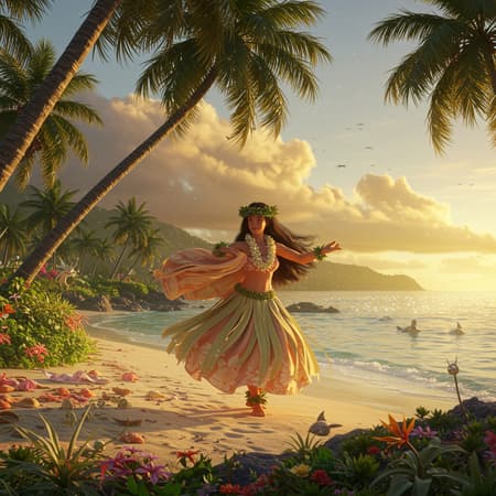 A mesmerizing traditional Hawaiian hula dancer gracefully moves on a pristine tropical beach, surrounded by lush palm trees and vibrant flowers under a golden sunset sky. The scene is captured in an ethereal and dreamy photo-realistic oil painting style, blending the magical storytelling of Studio Ghibli with Robert Wyland's love for oceanic detail. The dancer's movements create a symphony of flowing fabric and rhythmic elegance, her expression serene and captivating. Dramatic cinematic lighting casts soft shadows, highlighting the intricate details of her traditional attire and the sparkling ocean waves. The image is captured with a hyper-realistic, highly detailed approach through a 50mm lens, evoking a sense of wonder and tranquility. Small whimsical sea creatures like turtles and dolphins play in the distant waters, adding an element of enchantment to the idyllic scene.