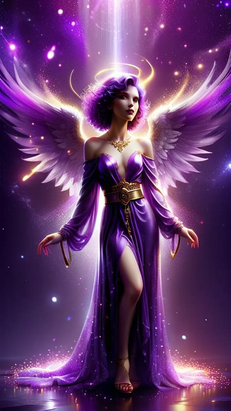 They say that purple stars don't exist in space, or that we can't see the light they emit...but they do, and there is an Angel that resides over them. She is a beautiful Angel with huge wings with Violet, purple, magenta, amethyst, lilac and magenta wings. She appears as a feminine Caucasian woman-- tall, statuesque, strong, slender but athletic. Her hair is black with streaks of purple throughout, swept back on one side, curly Bangs swept to one side with long loose curls falling over her shoulders. Her eyes are bright Violet and shine like jewels, her lips magenta, her face modelesque and pretty.  There is a glowing bright Violet halo over her head. She wears a shiny metallic long sleeved off the shoulder gown, the sleeves lacey and delicate. She wears a gold necklace around her neck with an amethyst stone pendant. Gold bracelets on her wrists, and a metallic gold belt with amethyst stones around her waist. The bottom part of her gown is flowing gently, she wears golden high heeled sandals on her feet. She stands on the edge of a galaxy, and there are purple stars where she resides. She carries a golden jeweled sword that vanquishes evil and darkness. She is God's Angel of mystery and all things unkown. Full body pose. They say that purple stars don't exist, but SHE DOES... 